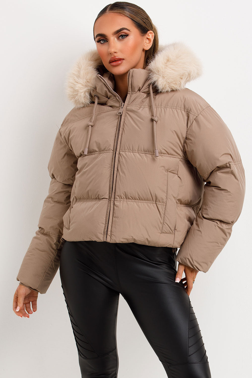 Puffer Jacket With Faux Fur Hood Stone