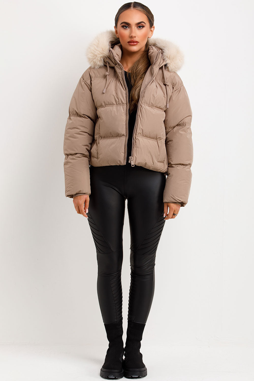 Puffer Jacket With Faux Fur Hood Stone