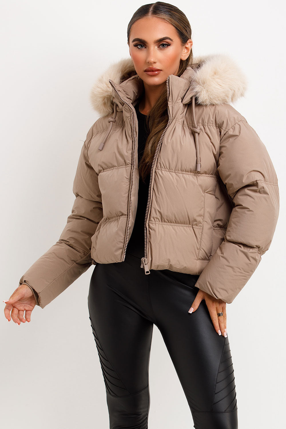 Puffer Jacket With Faux Fur Hood Stone