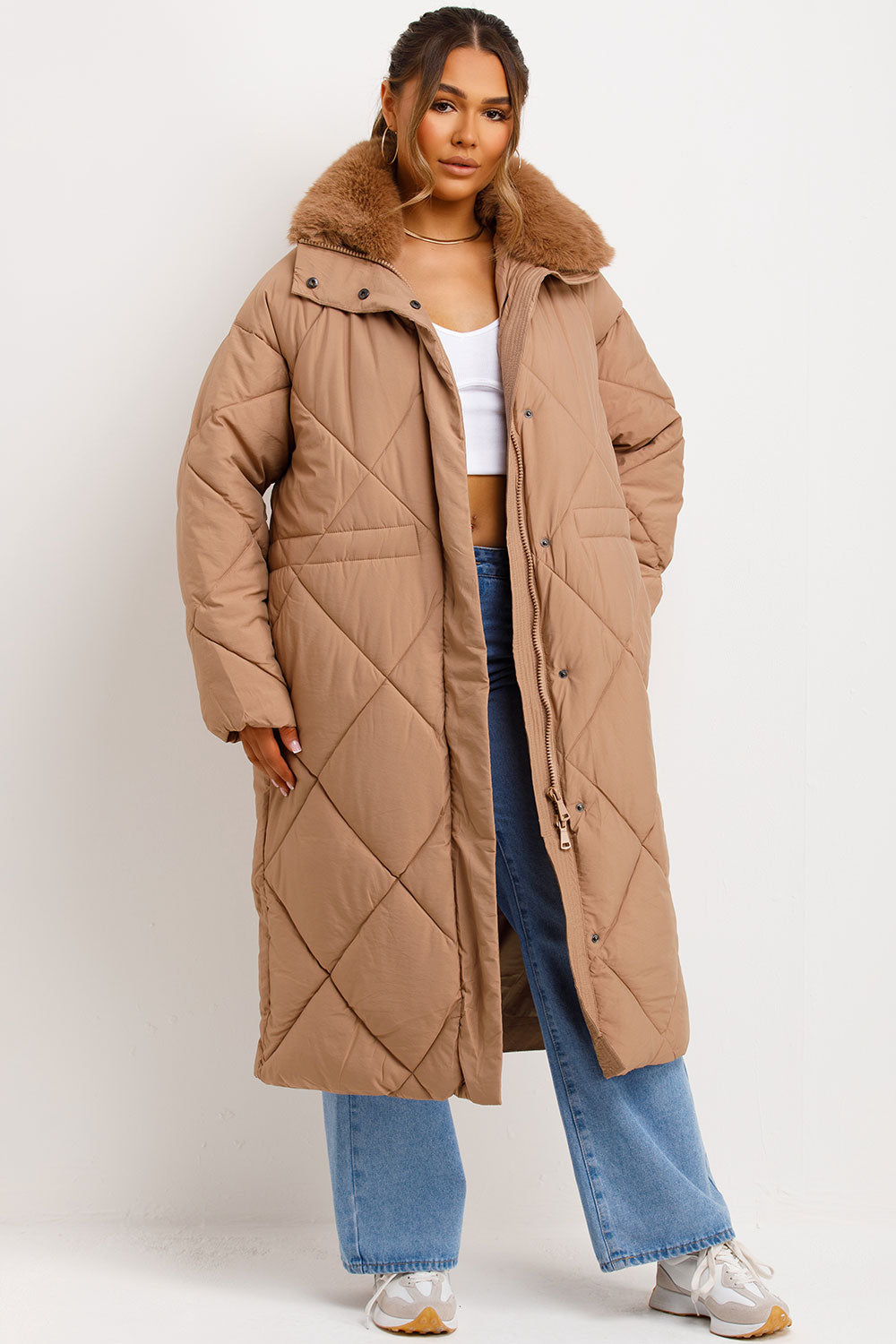 Long Puffer Quilted Coat With Fur Collar Camel