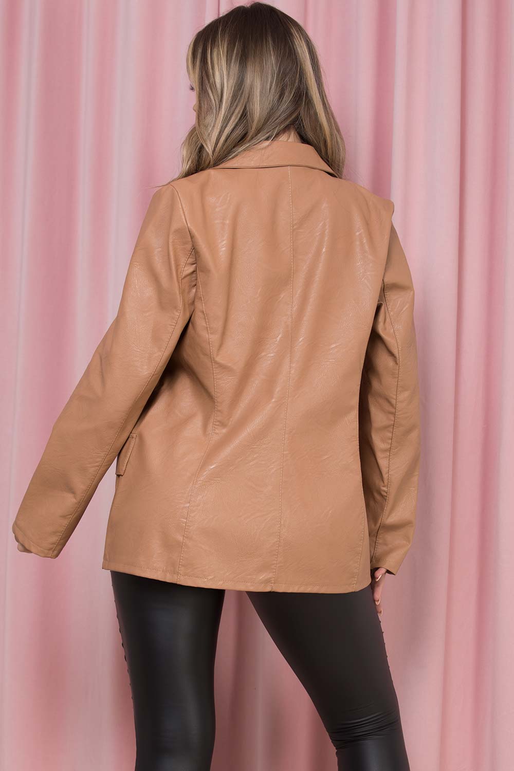 Faux Leather Blazer Jacket Tan