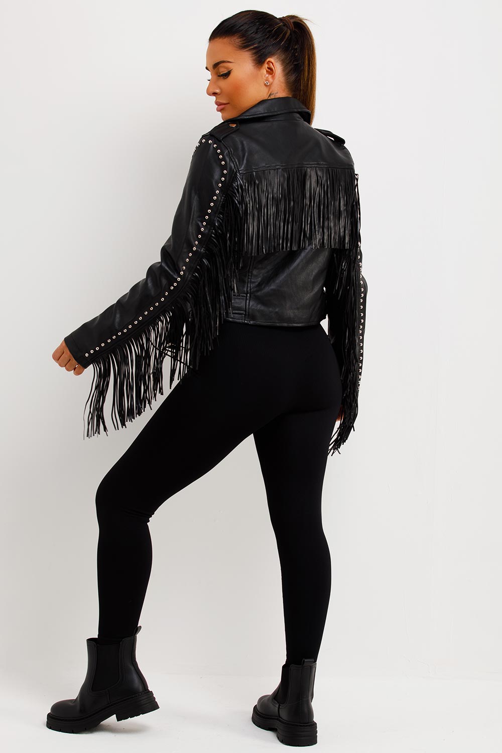 Black Faux Leather Biker Jacket With Tassels And Stud Detail