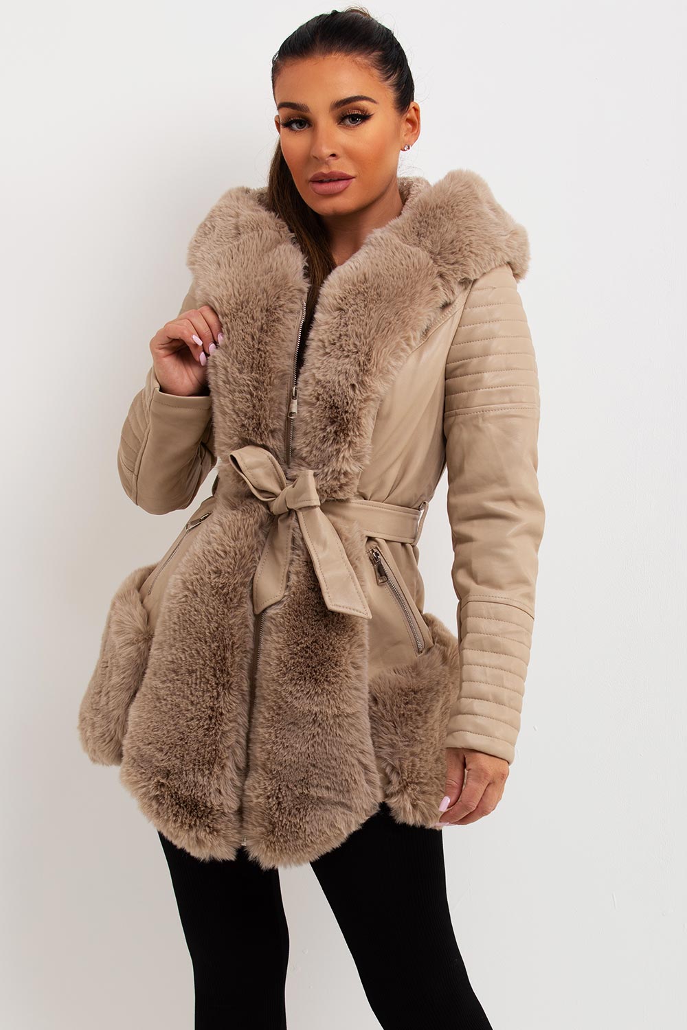 Faux Leather Jacket With Faux Fur Panels Beige