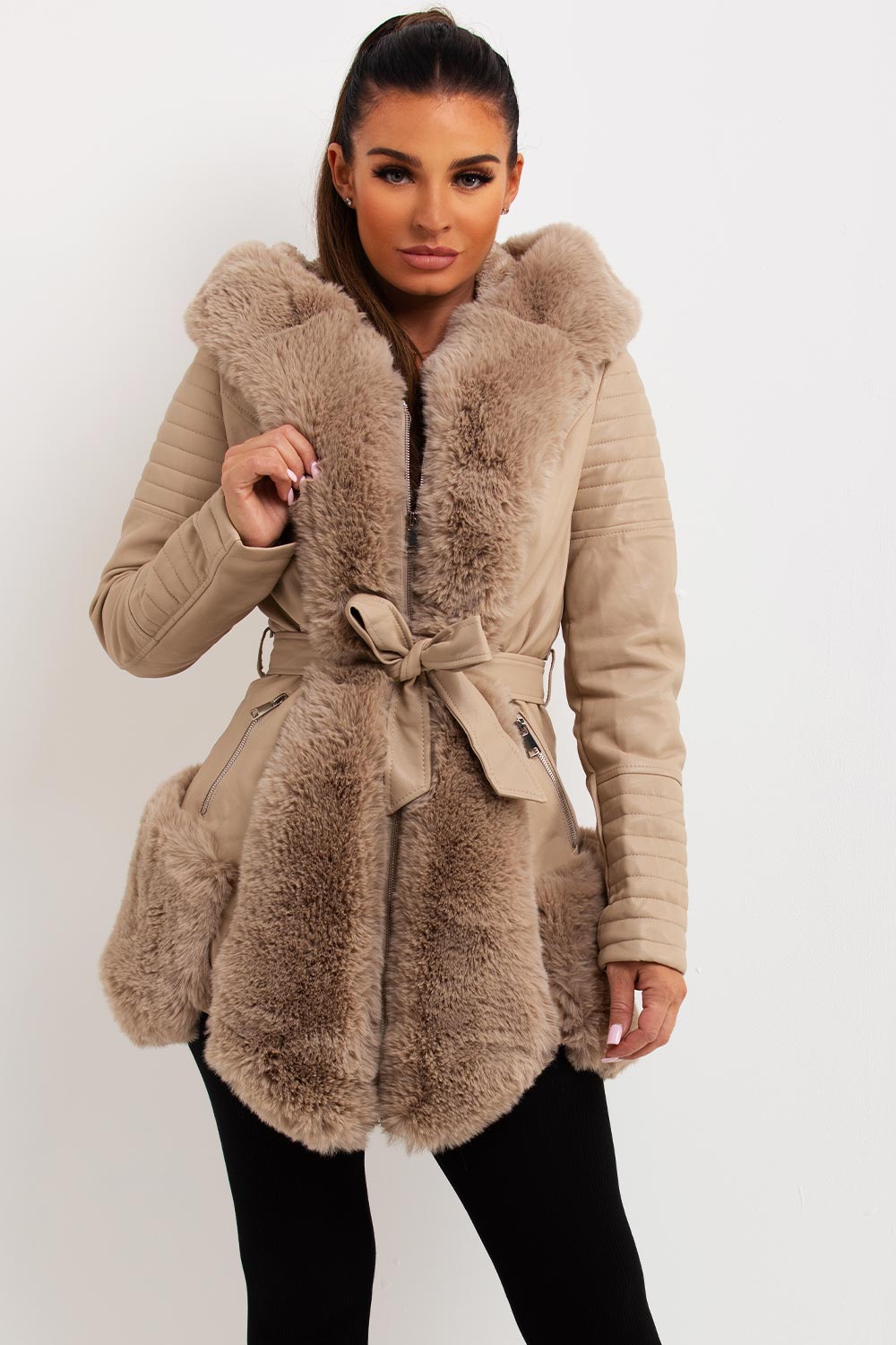 Faux Leather Jacket With Faux Fur Panels Beige