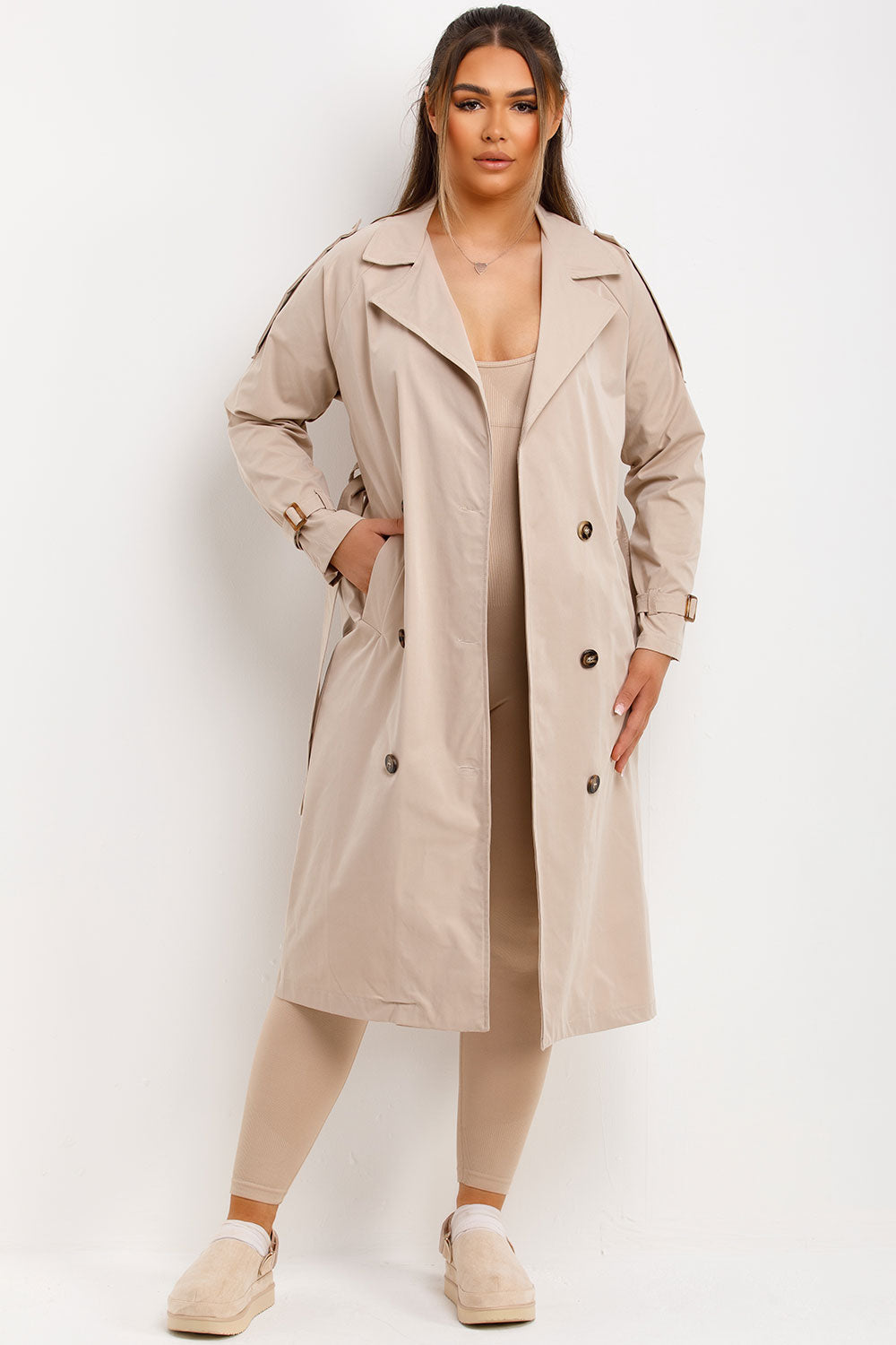 Trench Coat With Waist Belt Beige