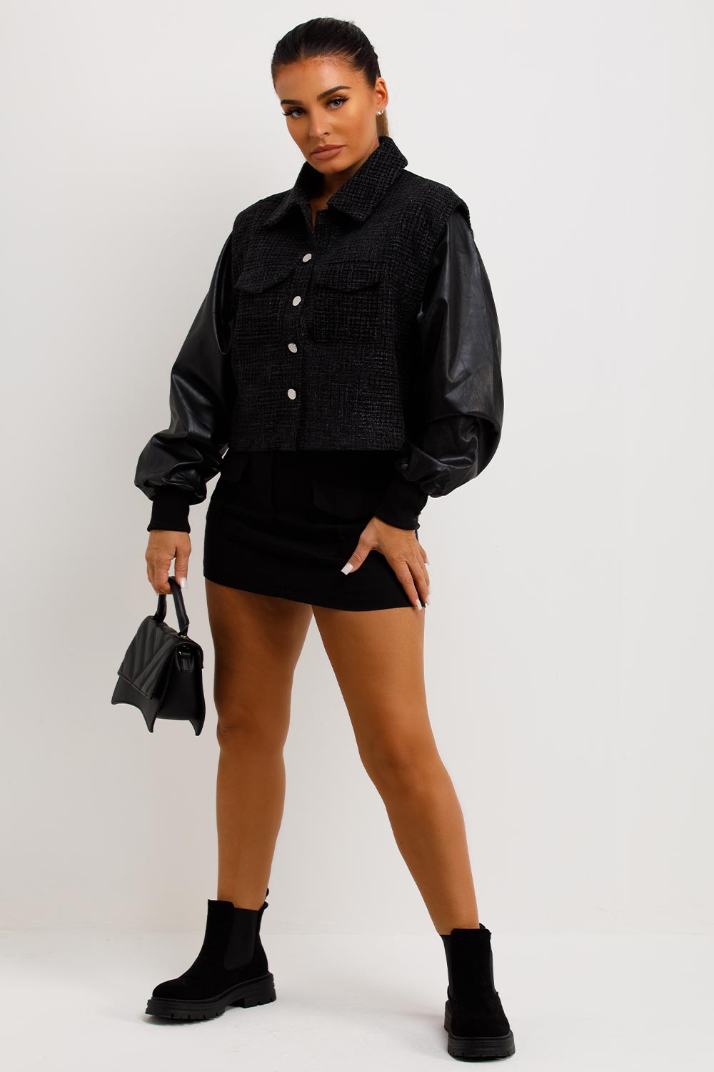 Tweed Bomber Jacket With Faux Leather Sleeves Black