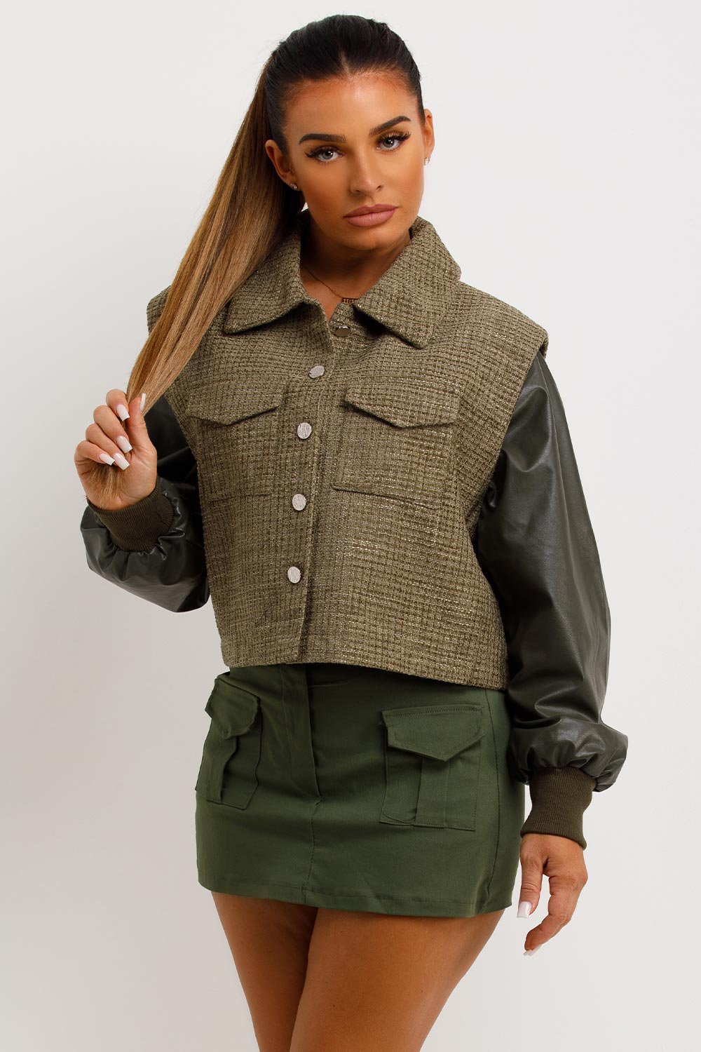 Tweed Bomber Jacket With Faux Leather Sleeves Khaki