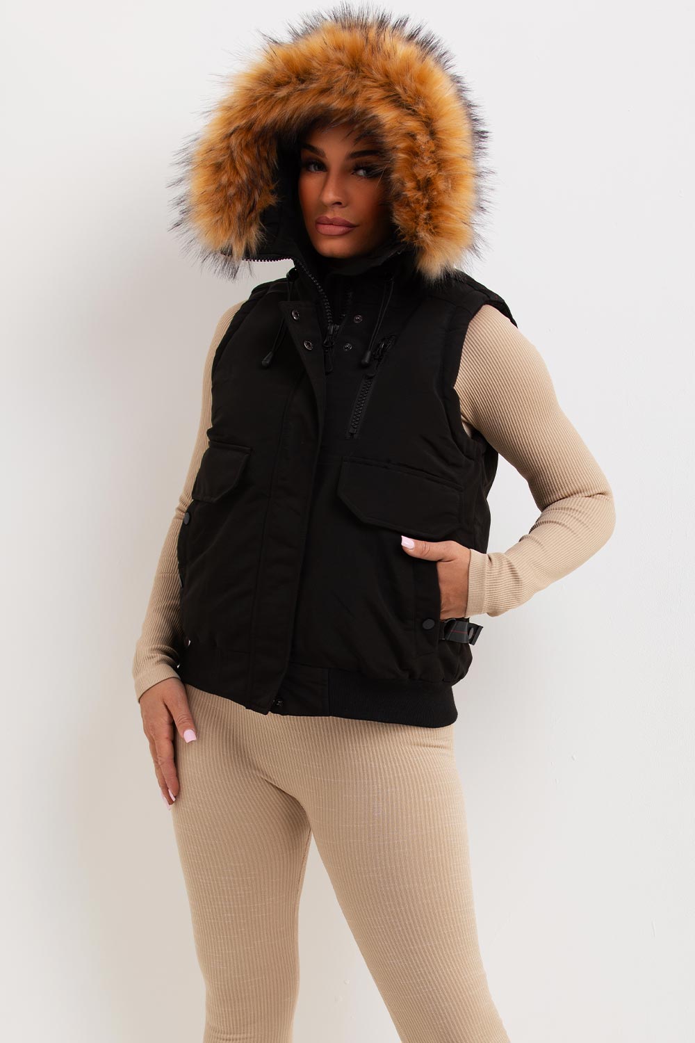 Black Gilet With Fur Hood