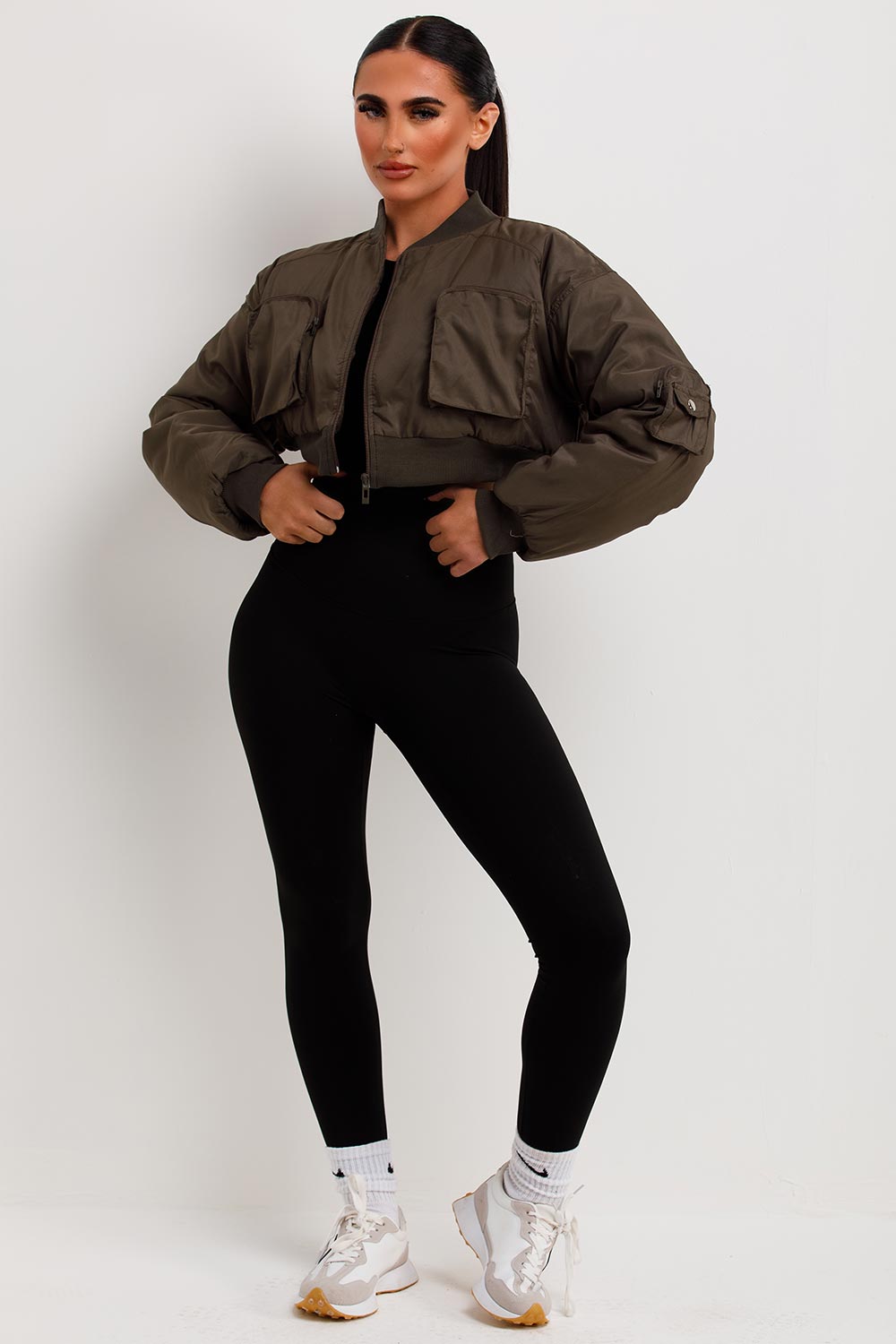 Crop Bomber Jacket With Pockets Khaki