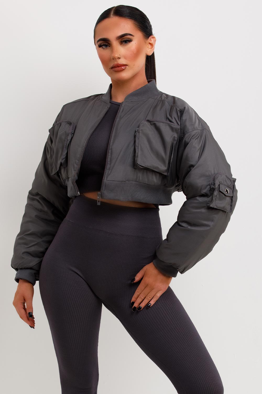 Crop Bomber Jacket With Pockets Grey