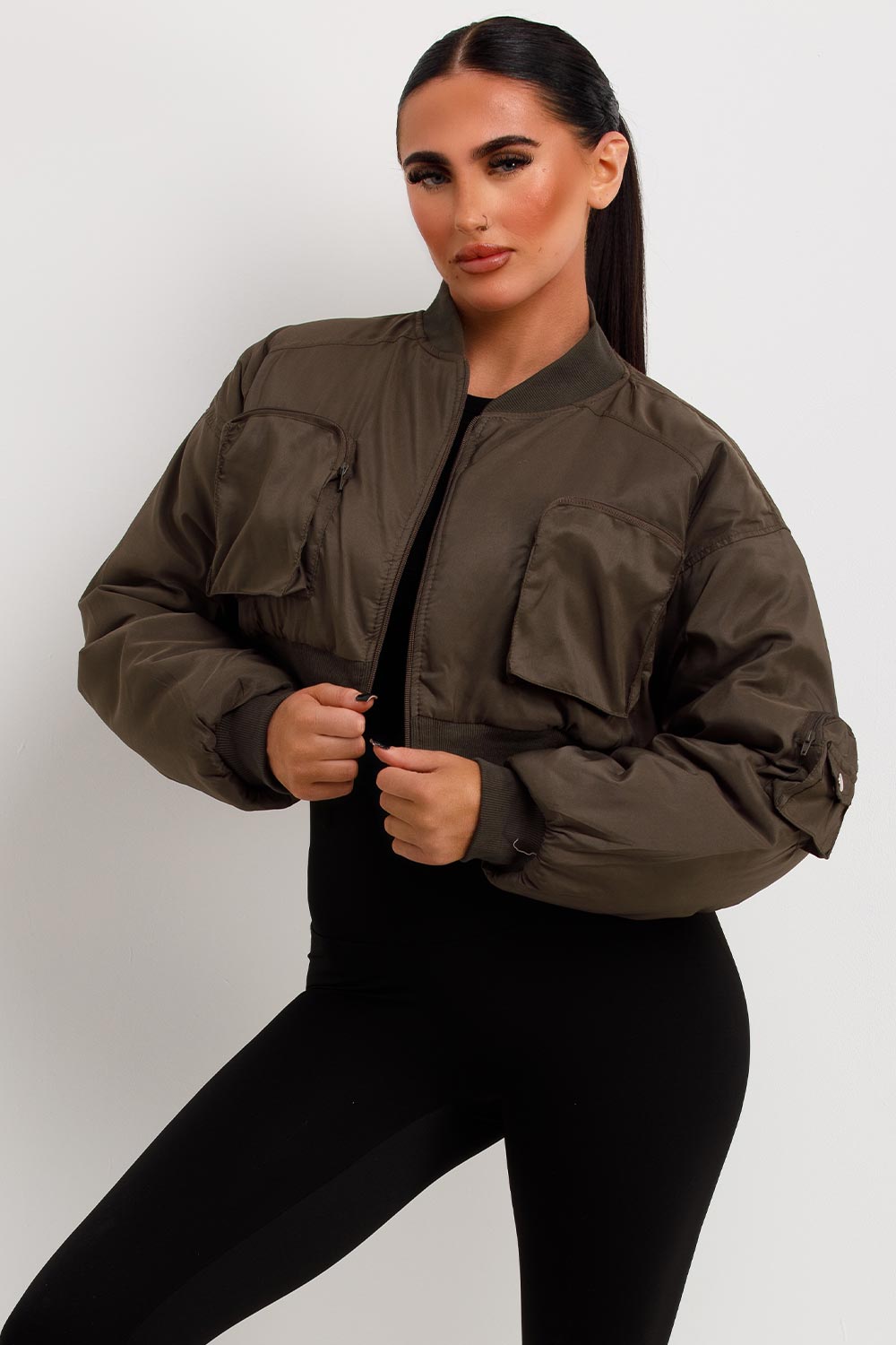 Crop Bomber Jacket With Pockets Khaki