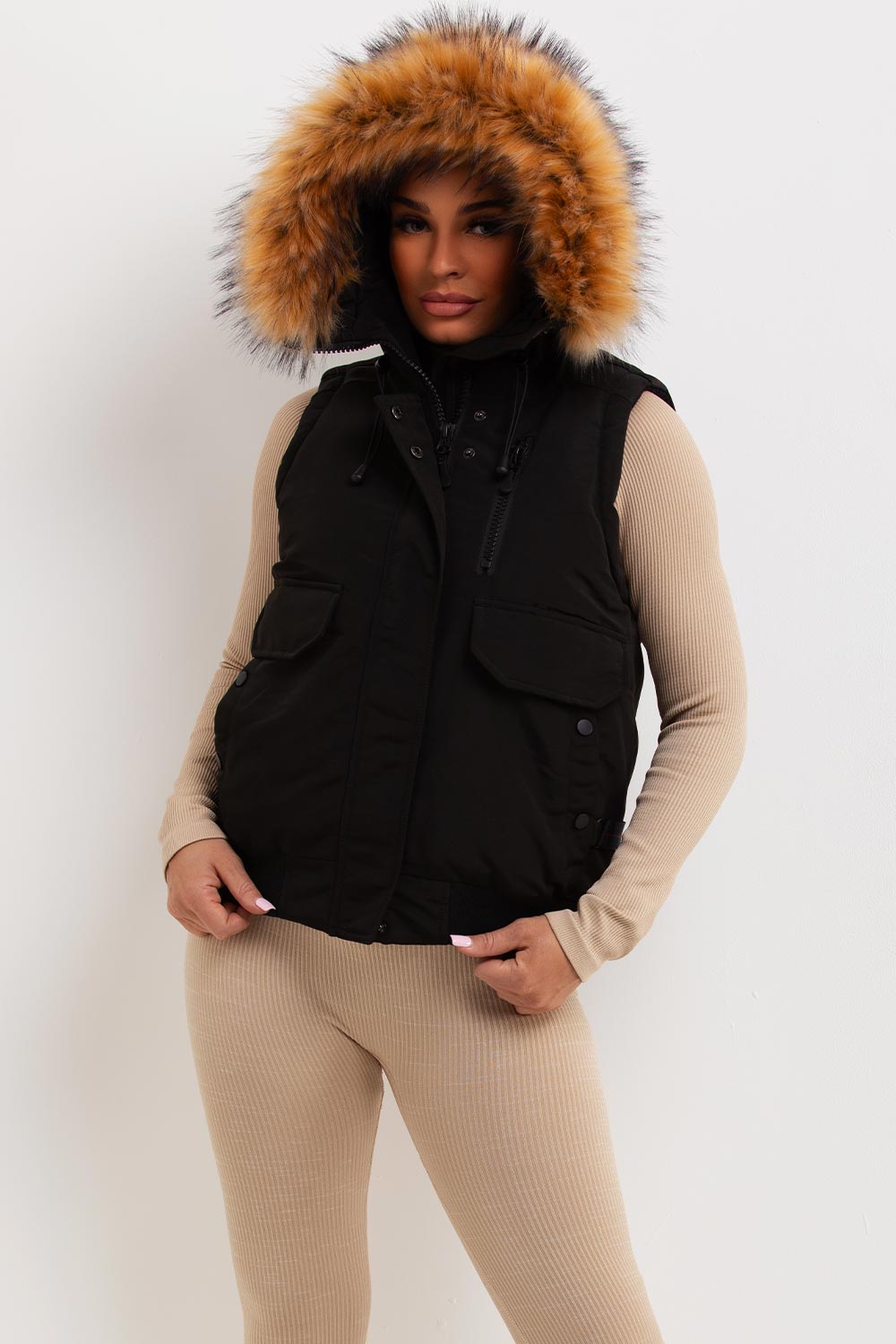 Black Gilet With Fur Hood