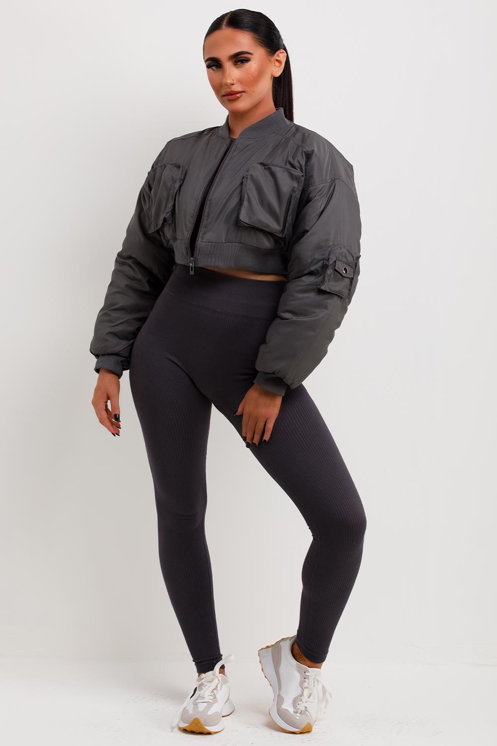 Crop Bomber Jacket With Pockets Grey