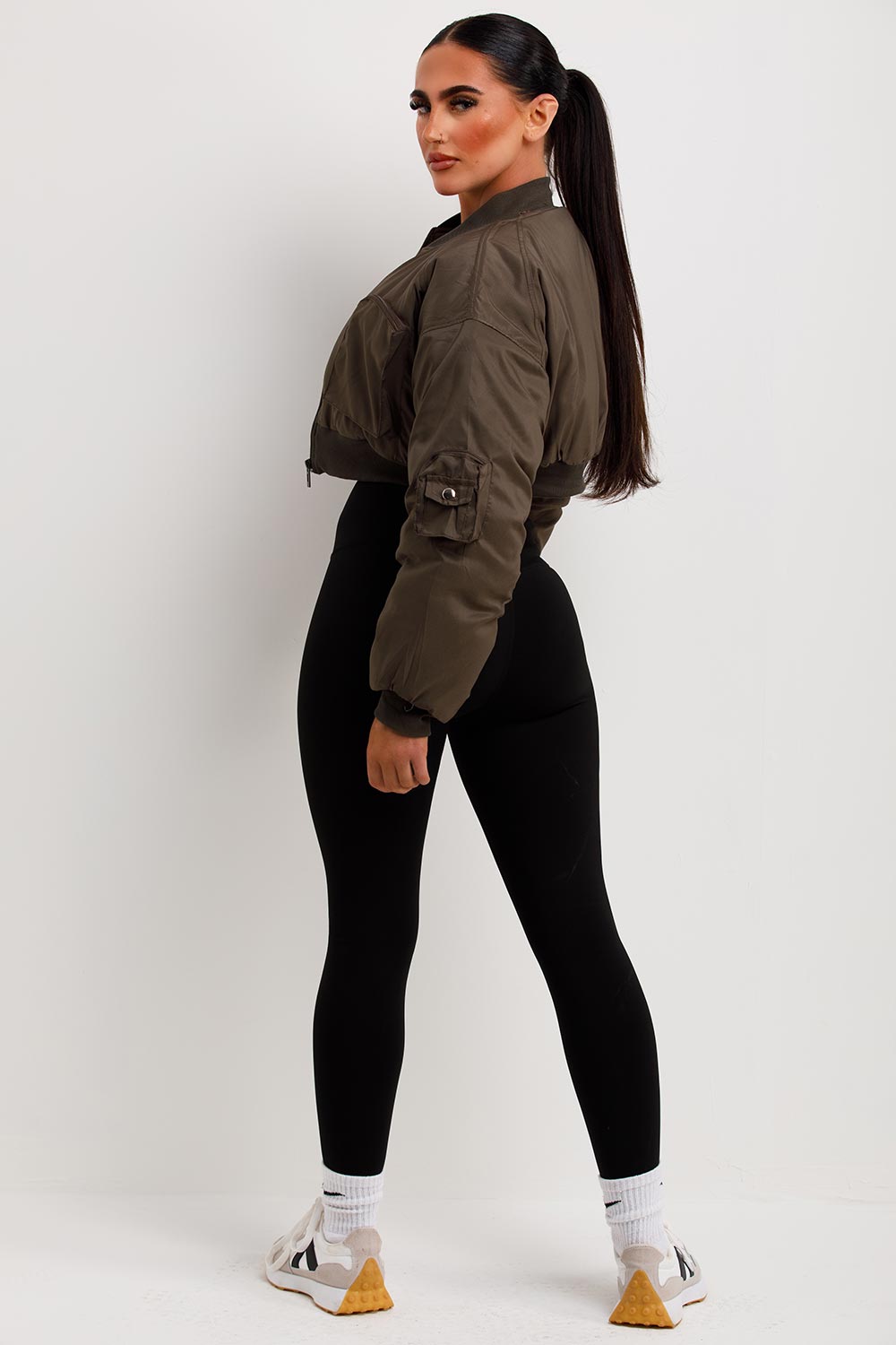 Crop Bomber Jacket With Pockets Khaki