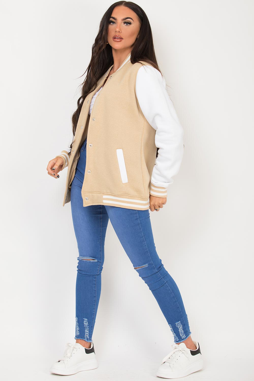 Varsity Contrast Bomber Jacket Beige