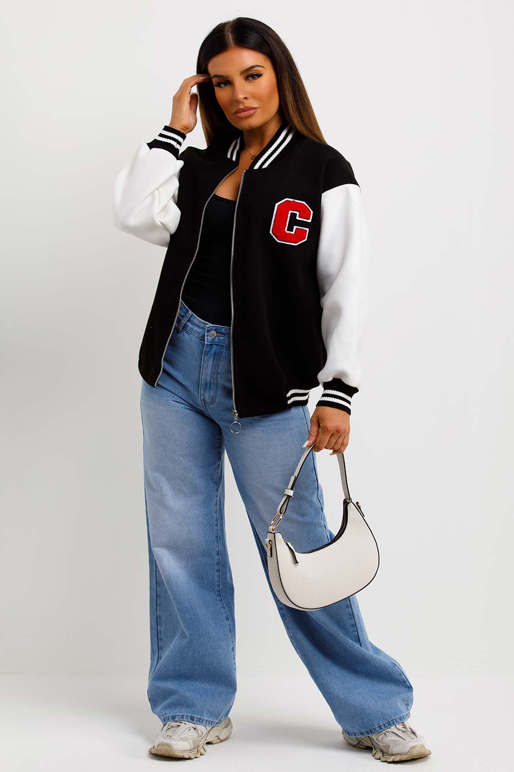 C Slogan Varsity Bomber Jacket Black And White