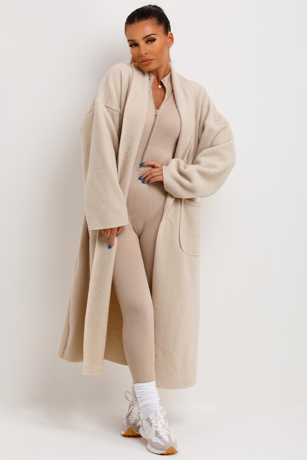 Longline Oversized Wool Look Coat With Pockets Beige