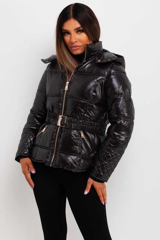 Black Shiny Puffer Jacket With Hood And Belt