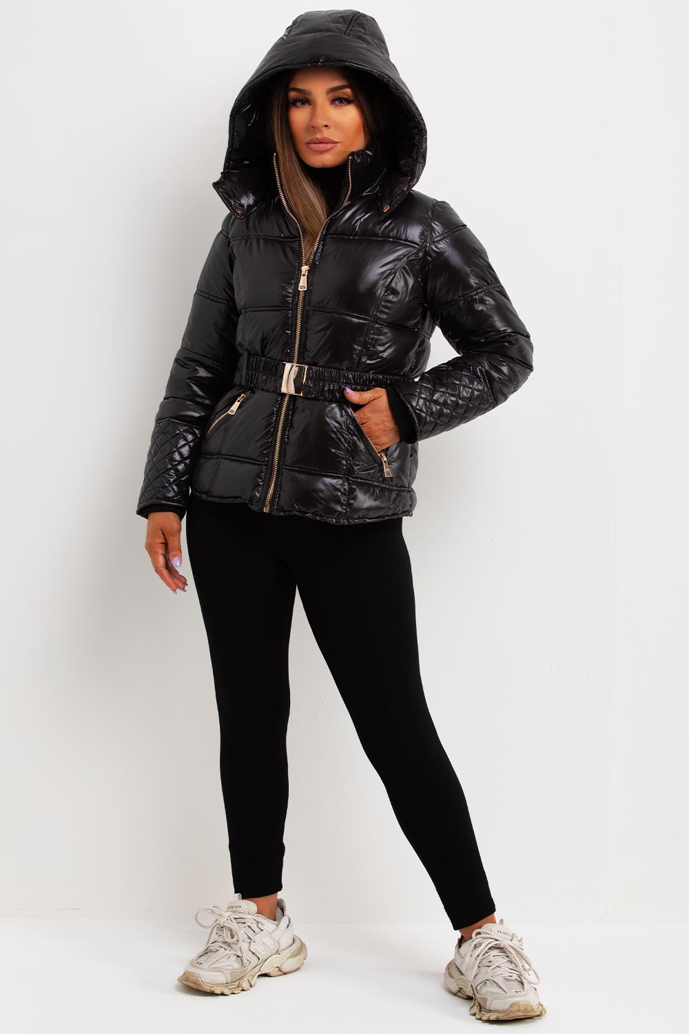 Black Shiny Puffer Jacket With Hood And Belt