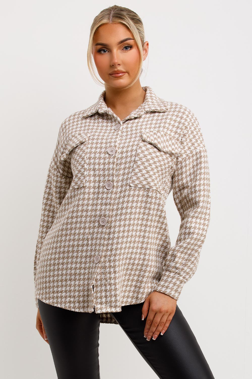 Dogtooth Shacket With Button Front Beige