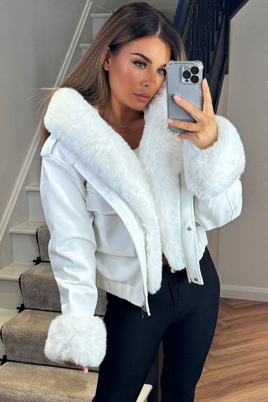 Faux Fur Bomber Jacket In Faux Leather White