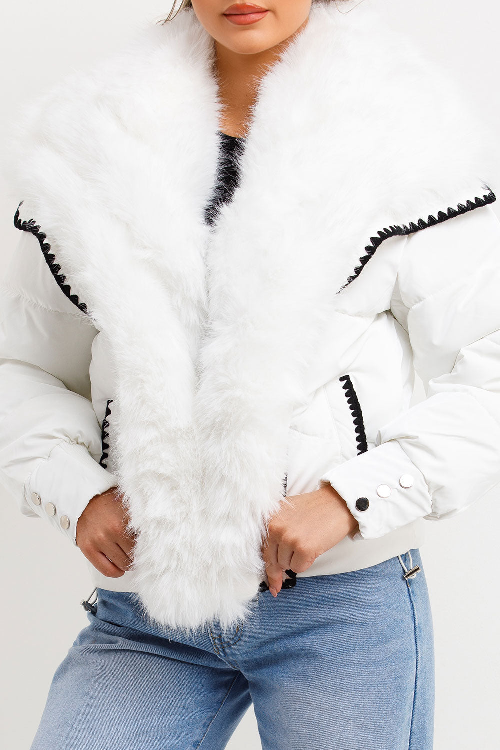 Faux Fur Collar And Trim Puffer Coat With Contrast Stitching Detail White