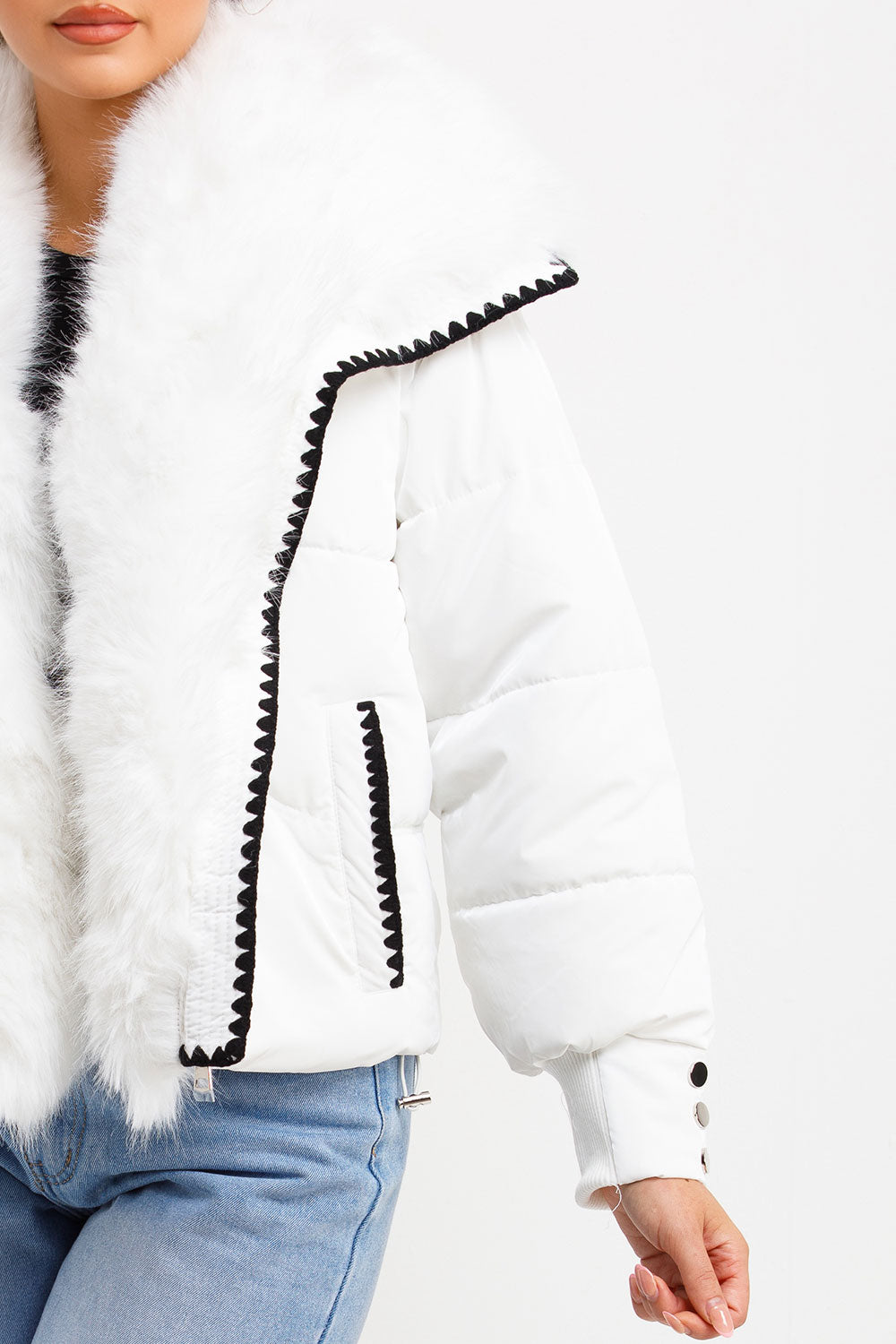 Faux Fur Collar And Trim Puffer Coat With Contrast Stitching Detail White