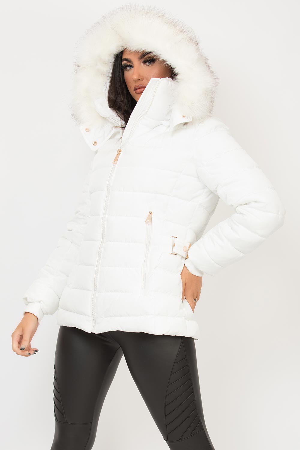 White Puffer Jacket With Faux Fur Hood