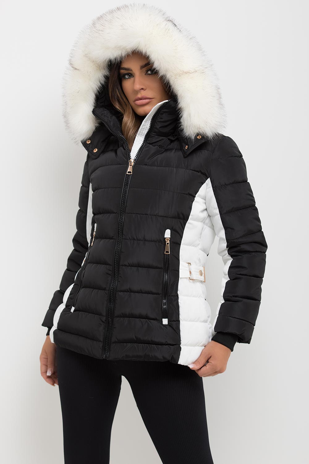 Puffer Jacket With Faux Fur Hood Black And White