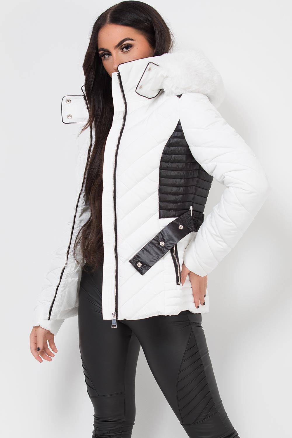 Puffer Quilted Jacket With Faux Fur Hood Belted White