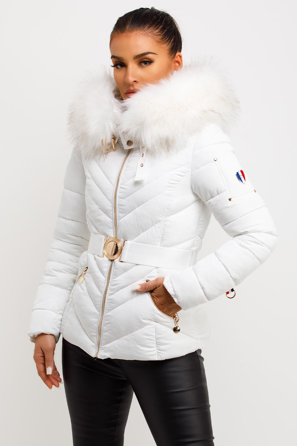 Puffer Jacket With Fur Hood And Belt White