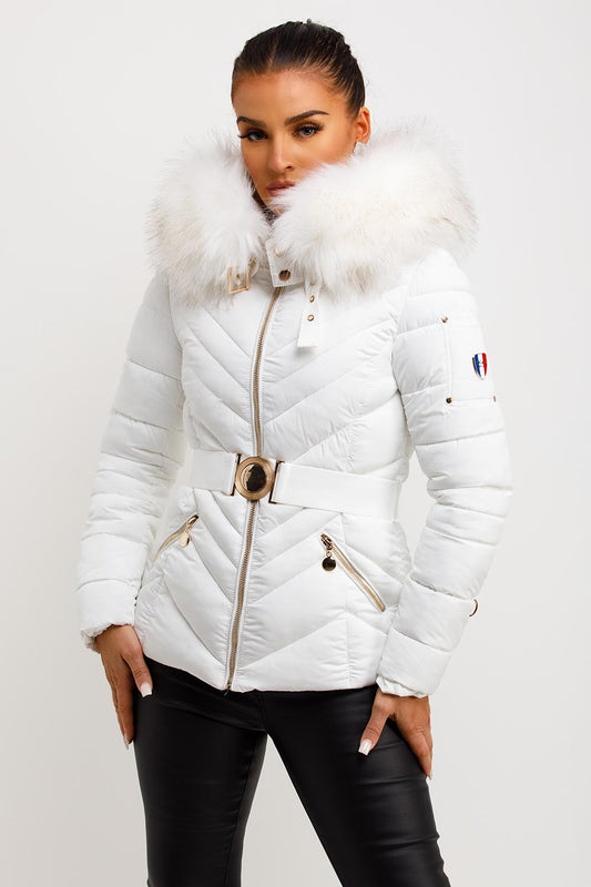 Puffer Jacket With Fur Hood And Belt White