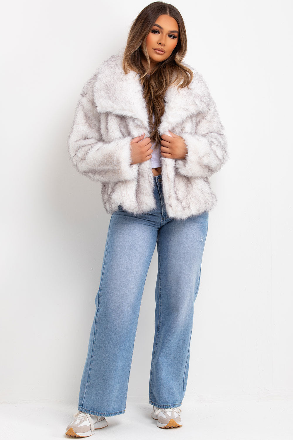 White Faux Fur Jacket With Collar