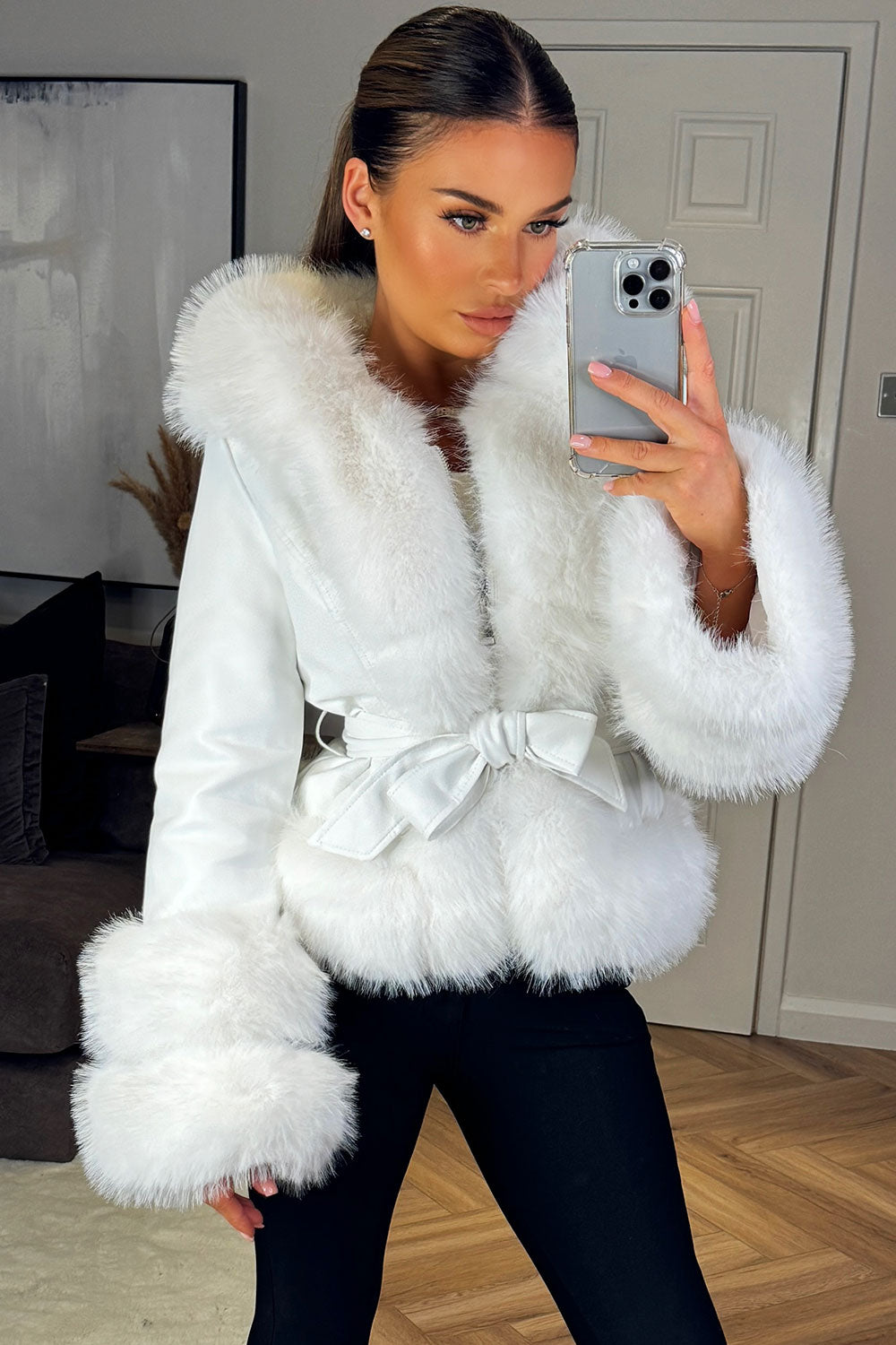 Faux Leather Fur Coat With Hood And Belt White