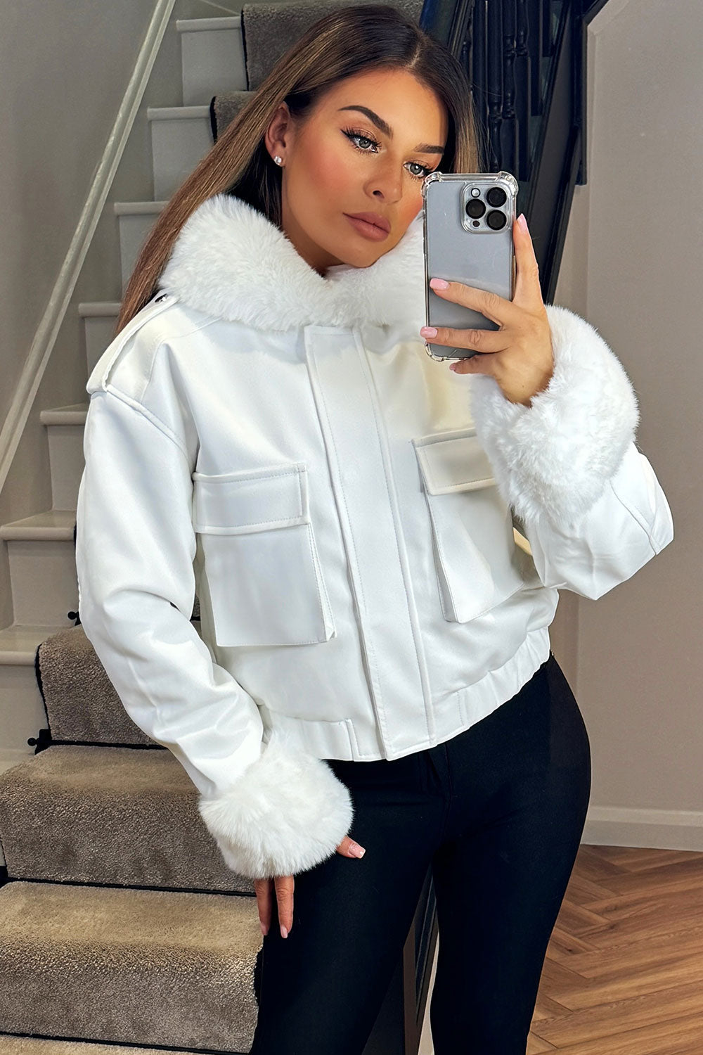 Faux Fur Bomber Jacket In Faux Leather White