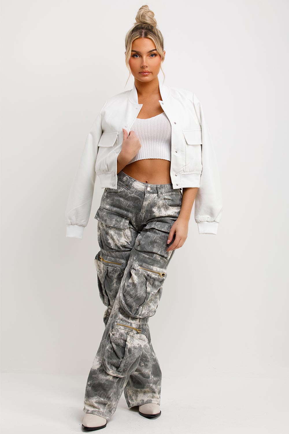 White Faux Leather Bomber Jacket