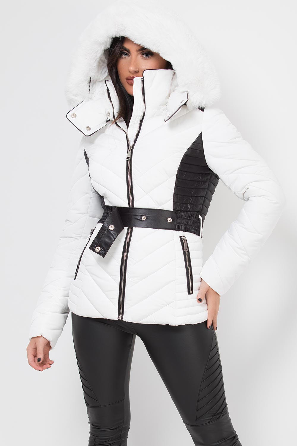 Puffer Quilted Jacket With Faux Fur Hood Belted White