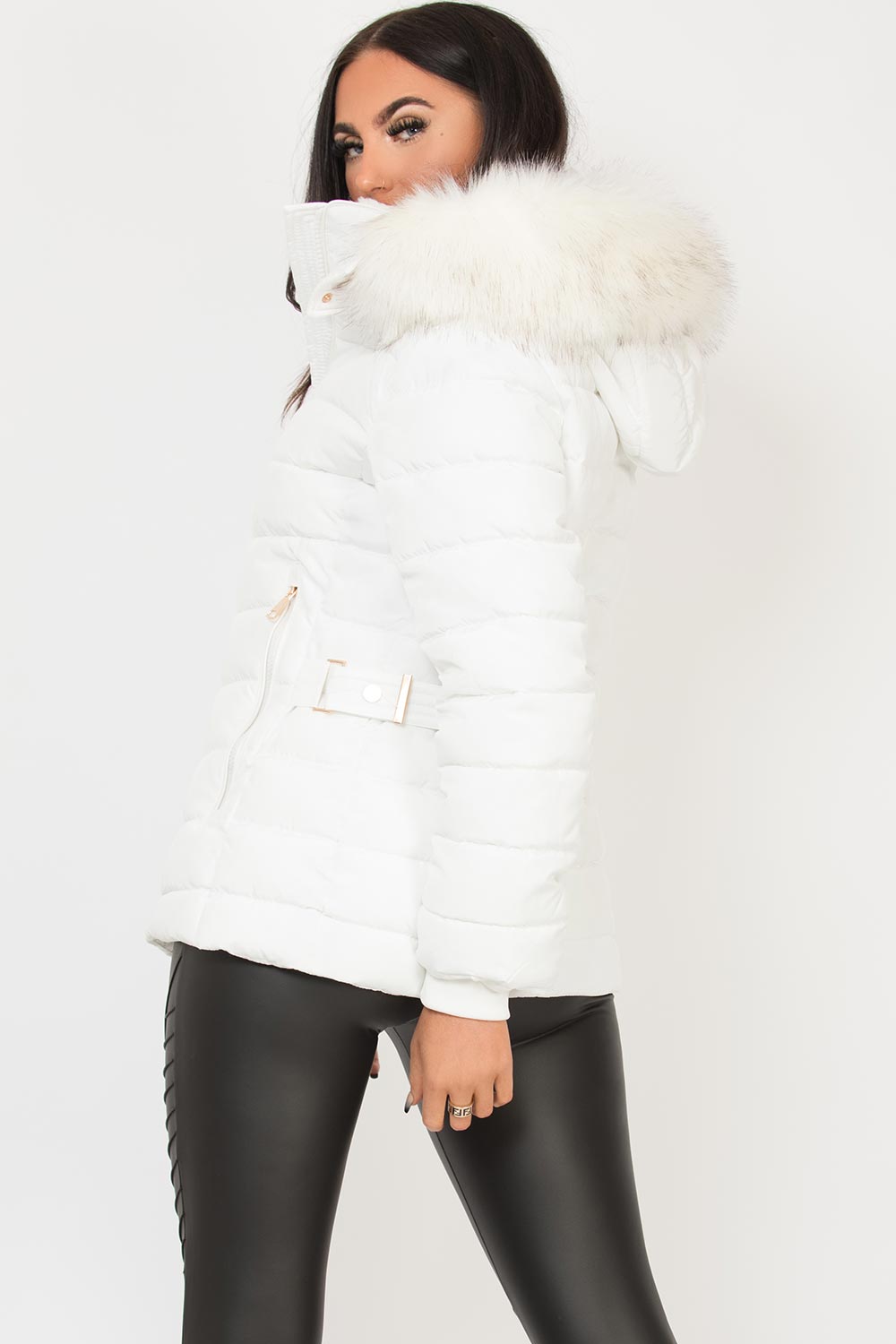 White Puffer Jacket With Faux Fur Hood