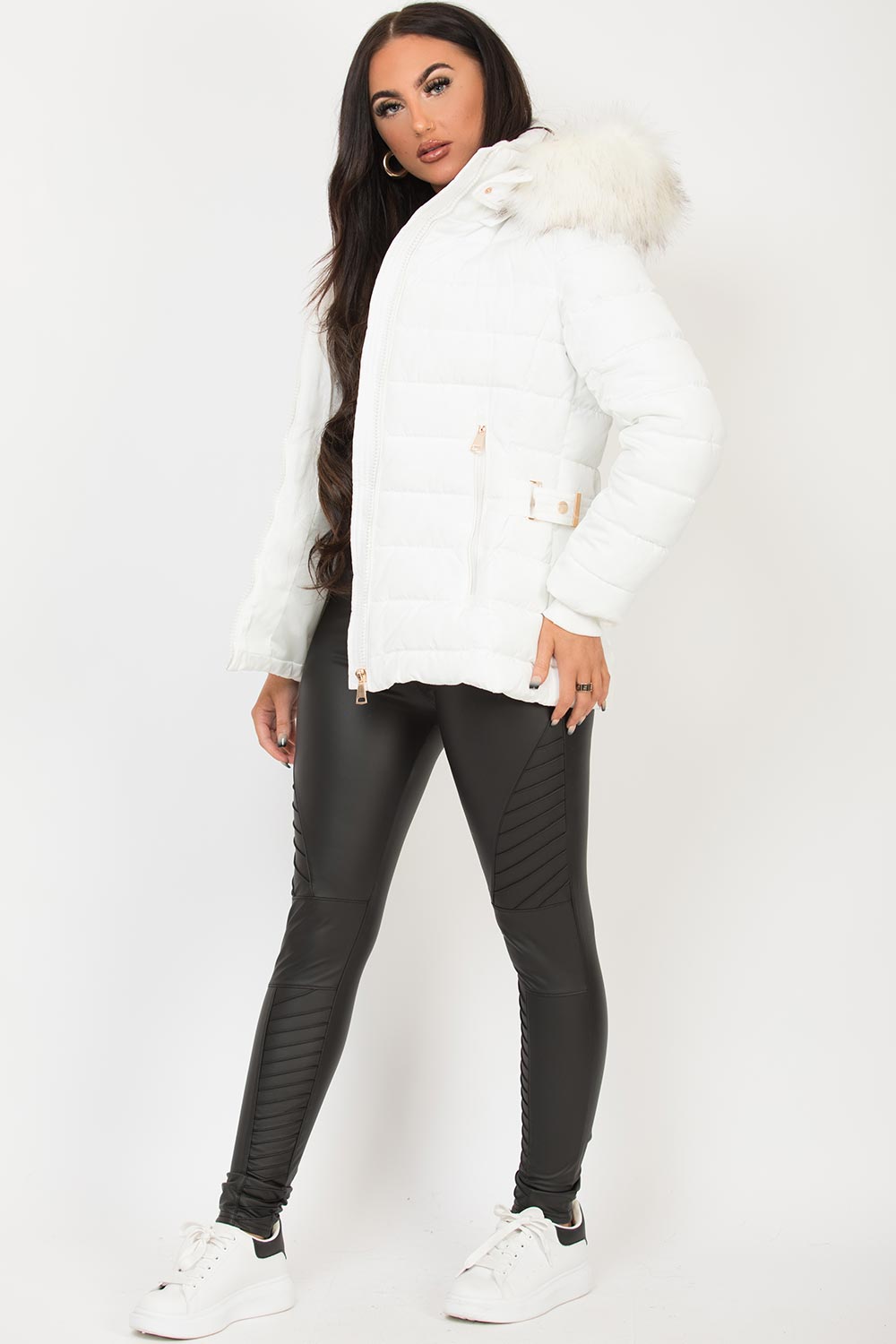 White Puffer Jacket With Faux Fur Hood