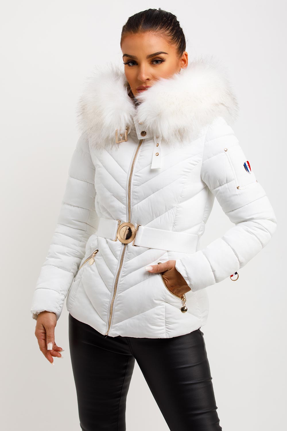 Puffer Jacket With Fur Hood And Belt White