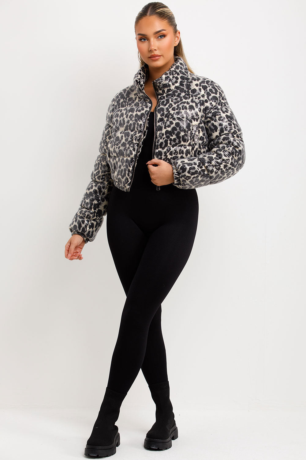 White Leopard Print Crop Puffer Jacket Sequin Detail