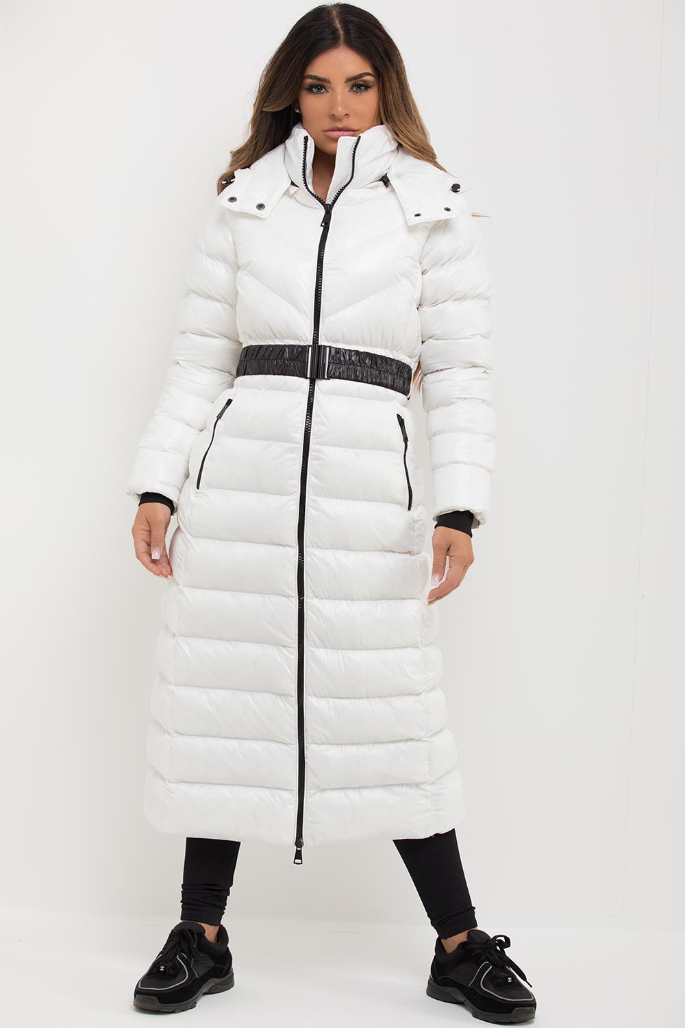 White Longline Puffer Padded Jacket With Hood & Belt