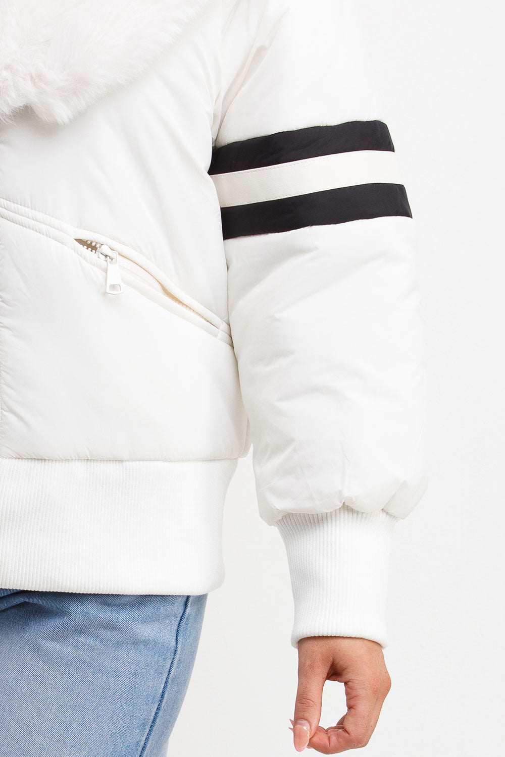 Aviator Bomber Jacket With Faux Fur And Stripe Detail White