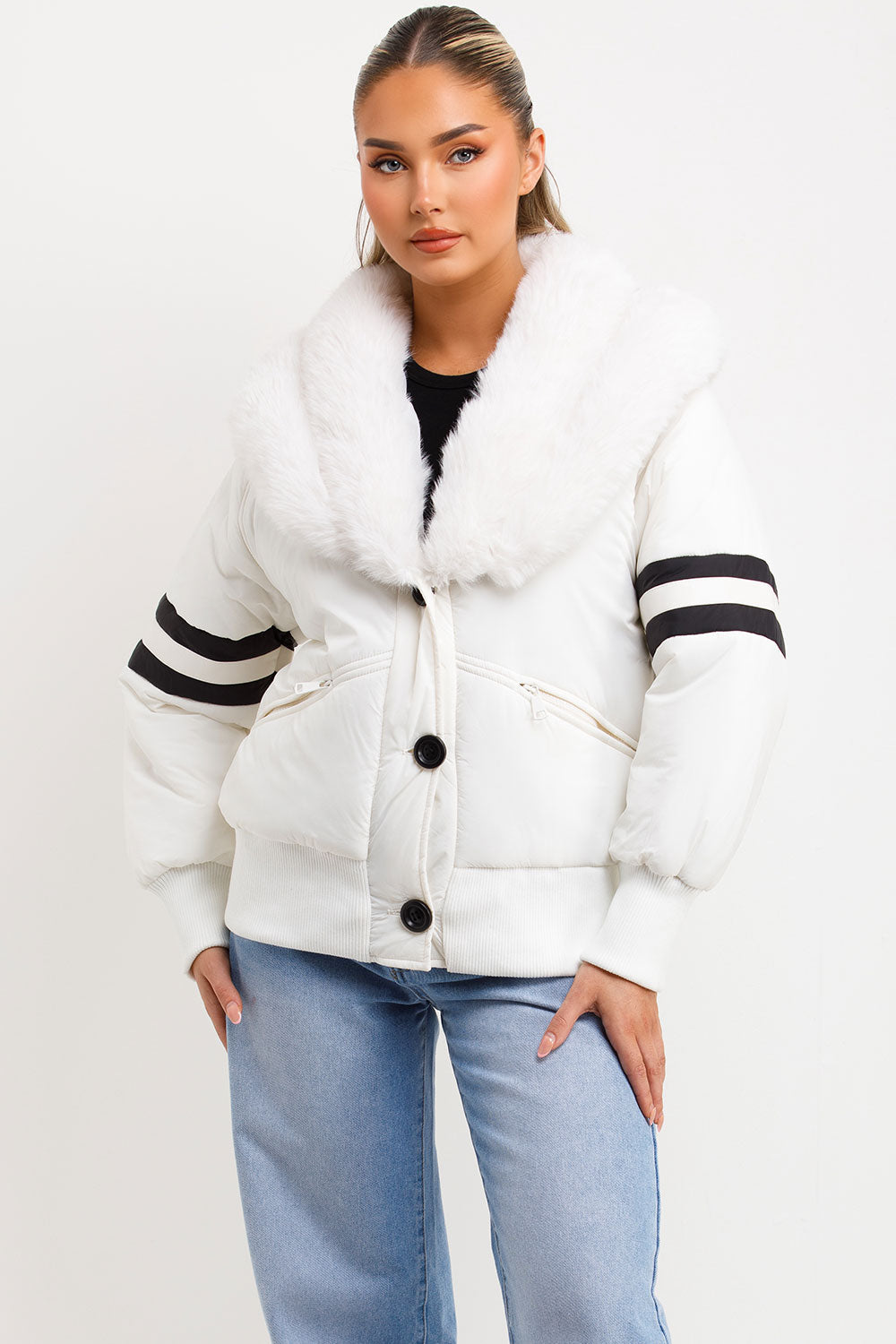 Aviator Bomber Jacket With Faux Fur And Stripe Detail White