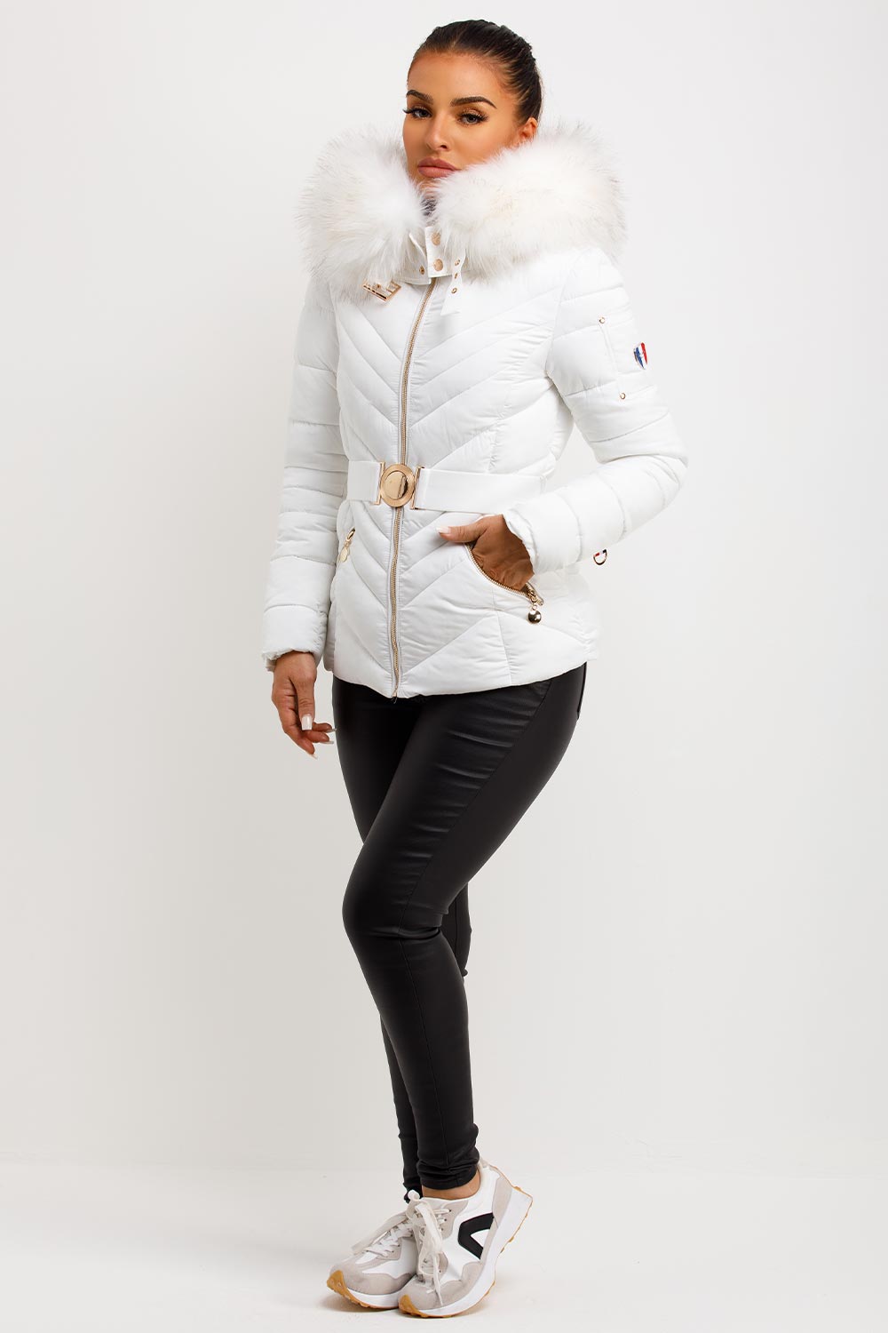 Puffer Jacket With Fur Hood And Belt White