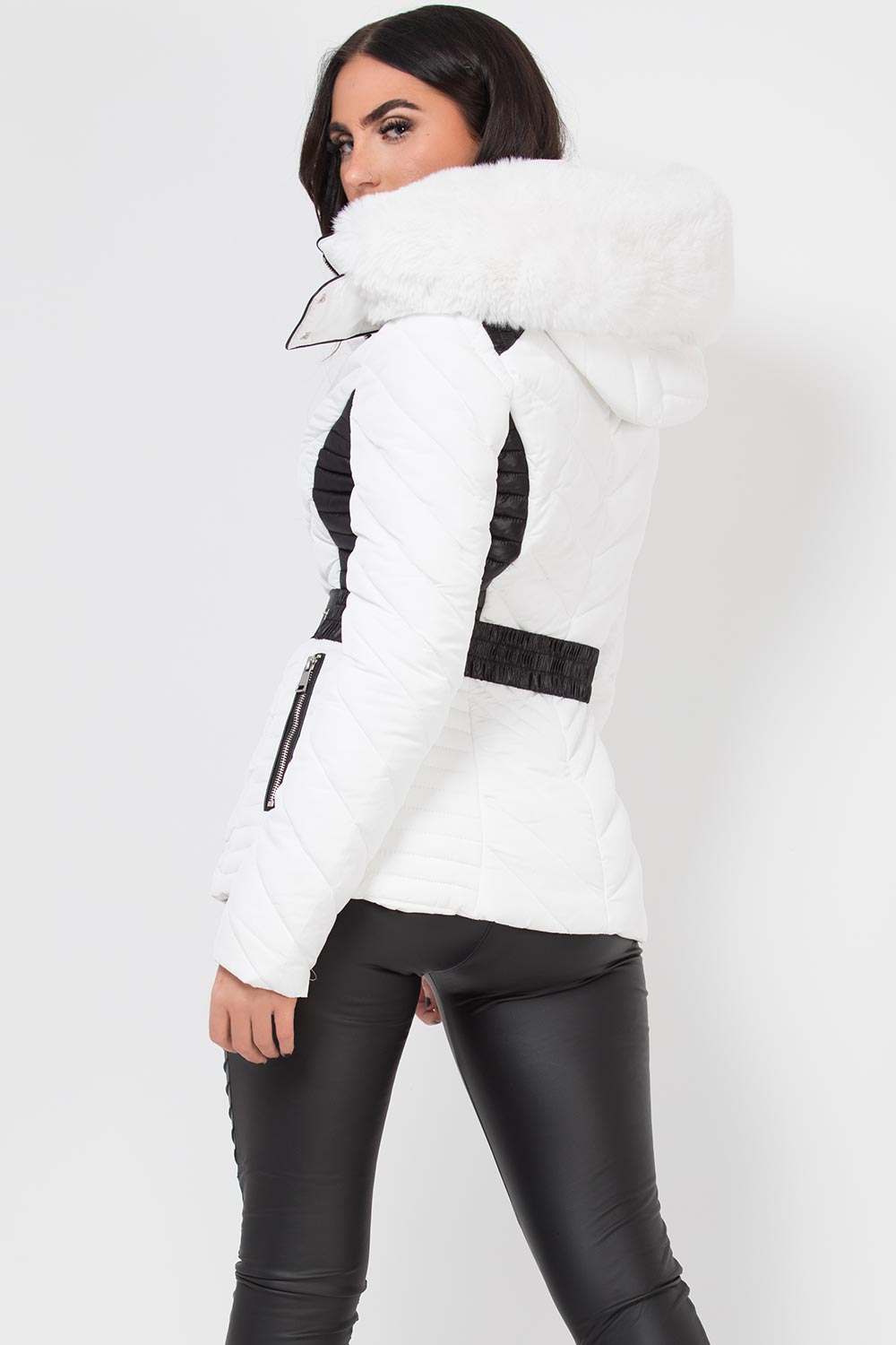 Puffer Quilted Jacket With Faux Fur Hood Belted White