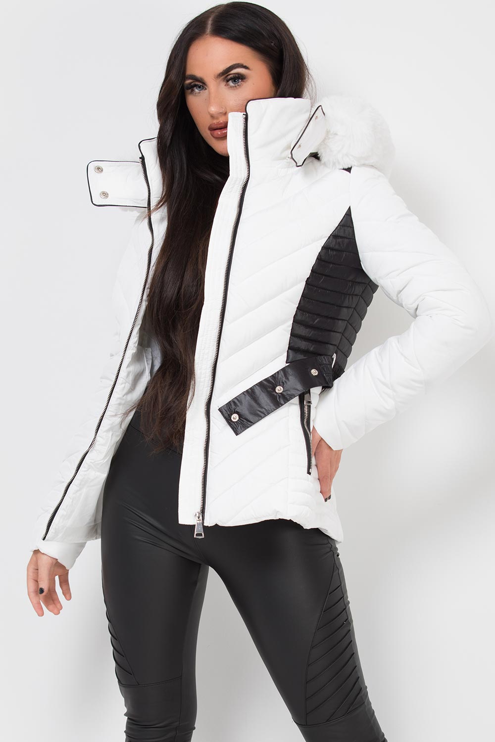 Puffer Quilted Jacket With Faux Fur Hood Belted White