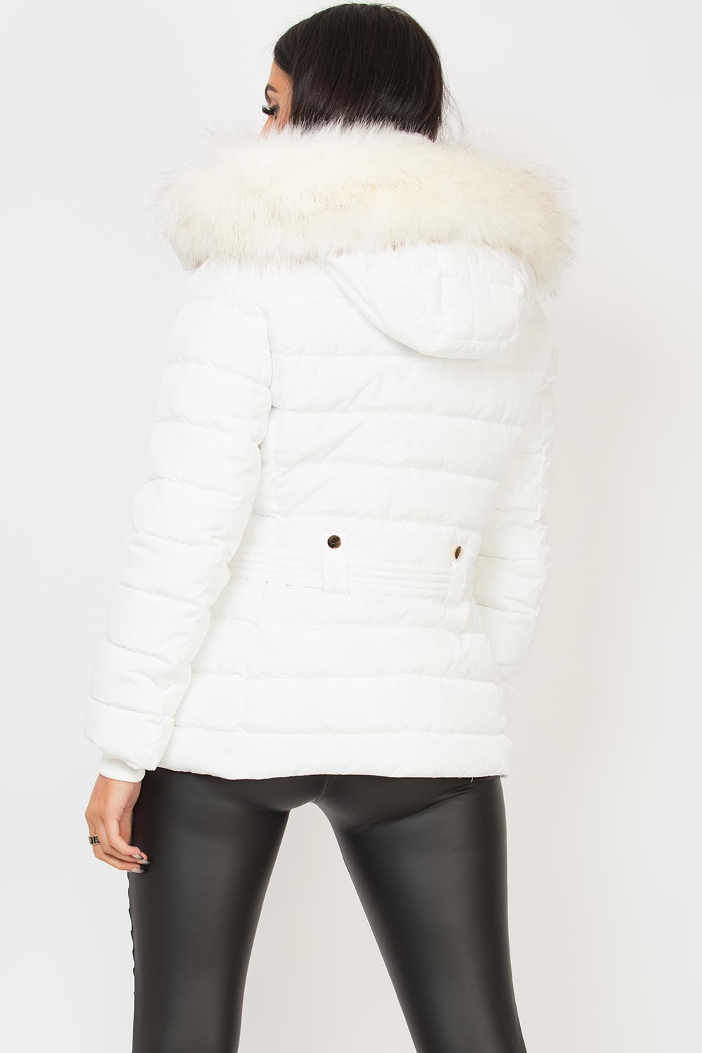 White Puffer Jacket With Faux Fur Hood