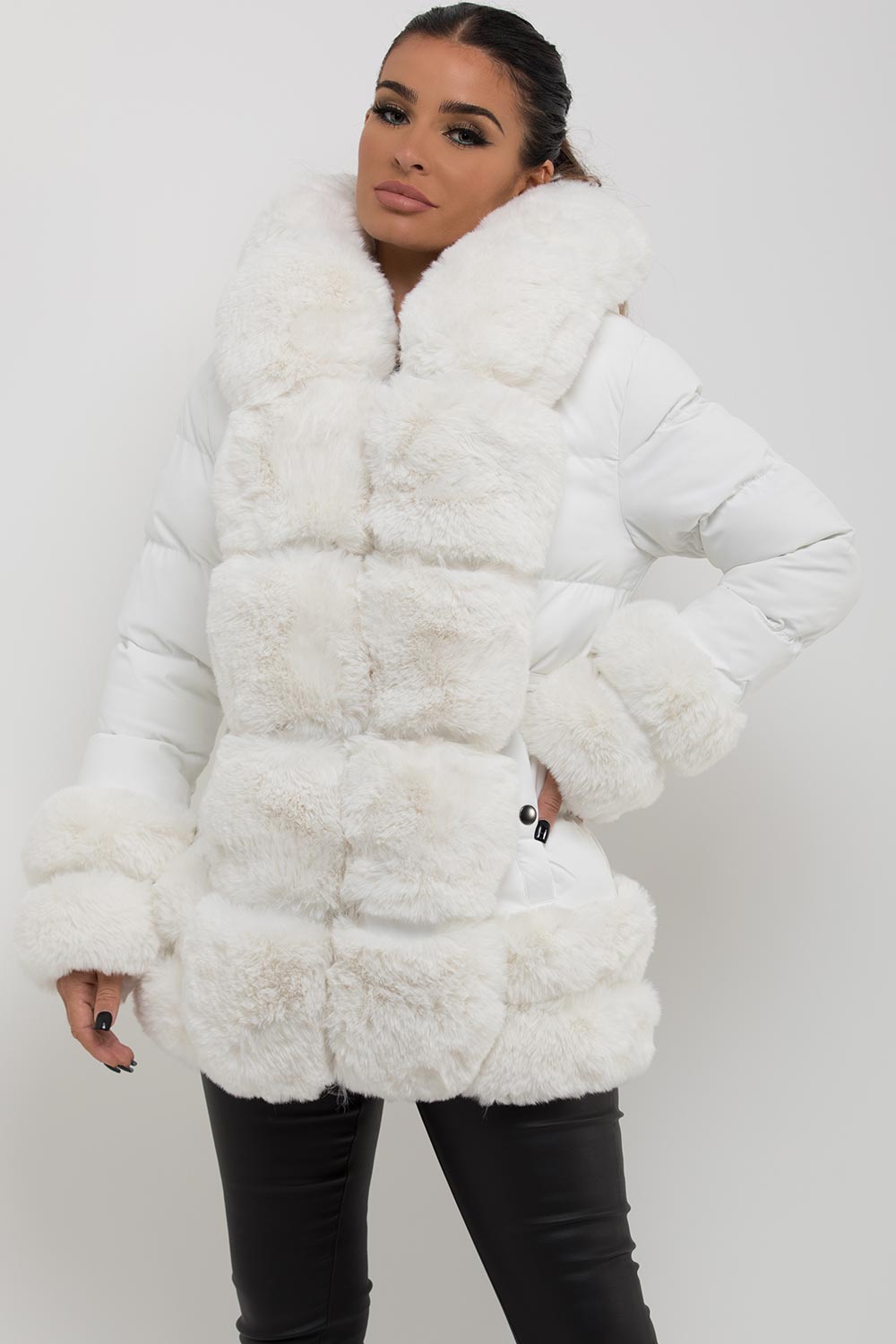 Puffer Jacket With Fur Hood Cuff And Trim White