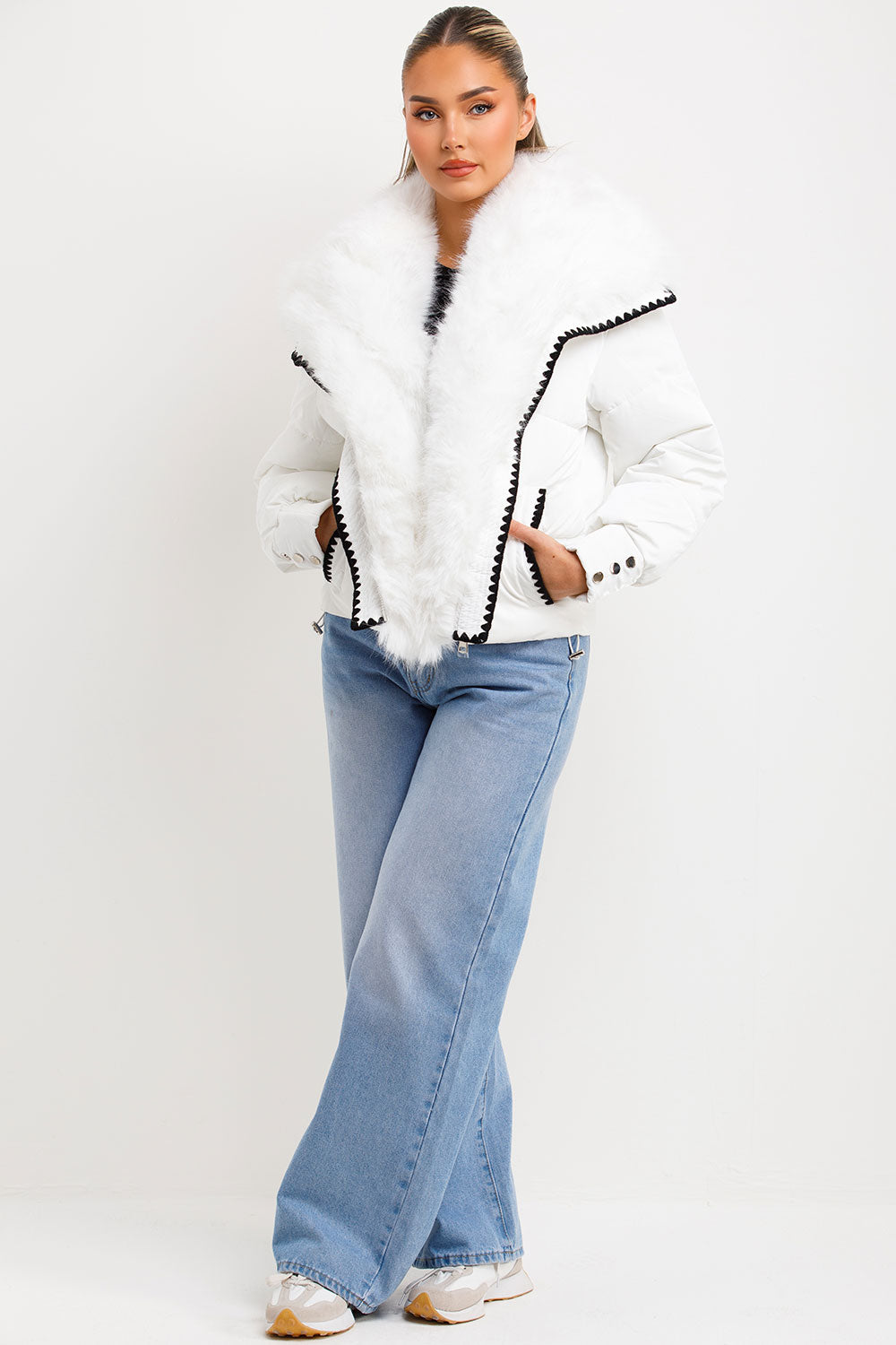 Faux Fur Collar And Trim Puffer Coat With Contrast Stitching Detail White